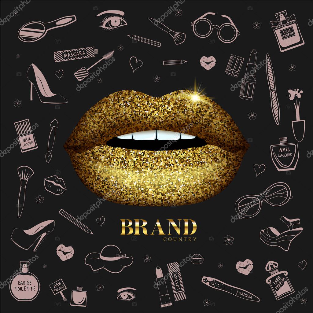 Glitter glossy lips and fashion icons background. Beauty and wellness items. Fashion banner with golden lips. Vector illustration