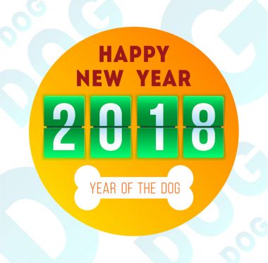 Mutlu yeni yıl 2018. Mekanik flip Saat tasarımı konseptiyle. Sarı köpek yılı. Mekanik saat basamak kurulu panel ile banner. Tebrik kartı, poster ya da 2018 yıl kutlamak için web sayfaları için Tasarla.