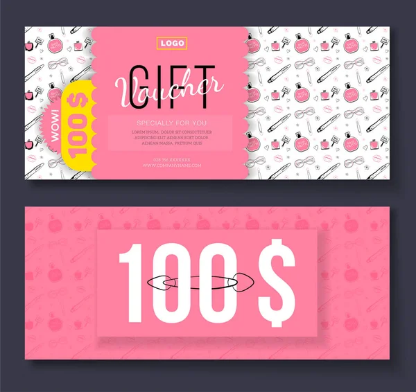 Vector gift voucher with cosmetic icons ornament background for boutique, beauty salon, spa, fashion, flyer. On discount 100$. — Stock Vector