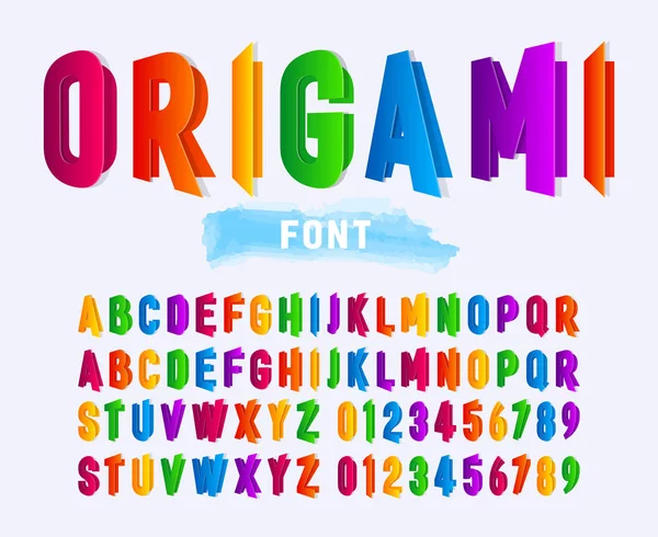 Разноцветные буквы и цифры сложенного бумажного алфавита. Шрифт оригами выделен на сером фоне . — стоковый вектор