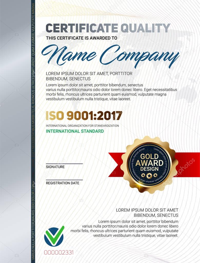 Vector certificate quality template with luxury line pattern and gold award emblem, ISO 9001 certified, Vector illustration
