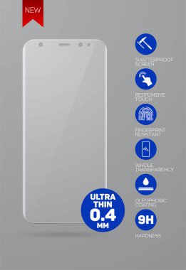 Ekran cam korumak. Ekran koruyucu film vektör veya gri arka plan üzerinde izole yeni sürüm smartphone için kapak cam. Telefon aksesuar. Vektör çizim