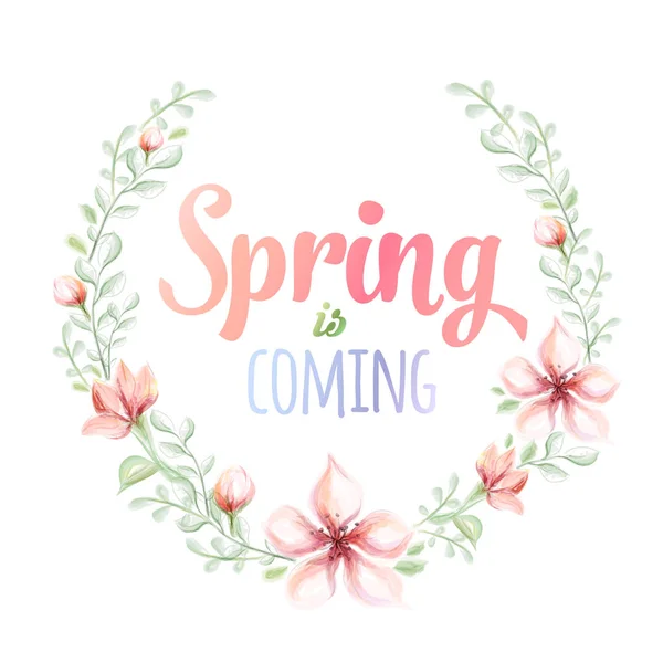 Наближається весна намальована рукою акварельна ілюстрація. вітальна листівка з акварельним квітковим вінком. Векторні ілюстрації — стоковий вектор