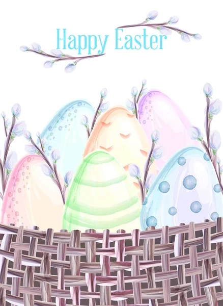 Happy easter plakat, akwarela ilustracja. akwarela jaj w kosz i Ropna wierzba oddziałów. Ilustracja wektorowa — Wektor stockowy