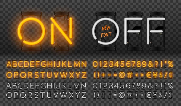 Stora orange neon set, glödande alfabetet, vektorbaserade teckensnitt. Glödande texteffekt. På och stänga av lampan. Neon siffror och skiljetecken. isolerad på transparent bakgrund. — Stock vektor