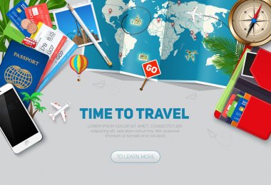 Seyahat ve Turizm arka plan. Seyahat kavramı, yaz için hazır. Üstten Görünüm. Konsept Web sitesi şablonu. Eps10