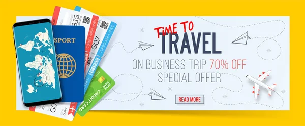 Special offer on business Travel. Business trip banner. Passport with tickets, smartphone and credit card. Air travel concept. Business travel illustration. 70% off. — Stock Vector