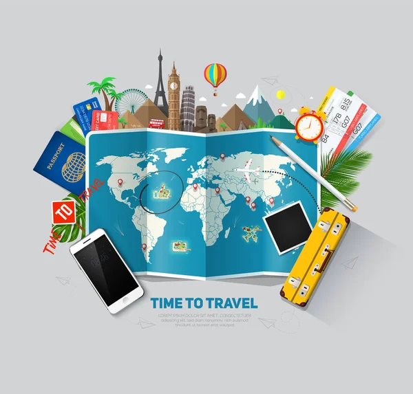 Reizen en toerisme achtergrond. Travel concept, klaar voor de zomer. Bovenaanzicht. Concept website sjabloon. Eps10 — Stockvector