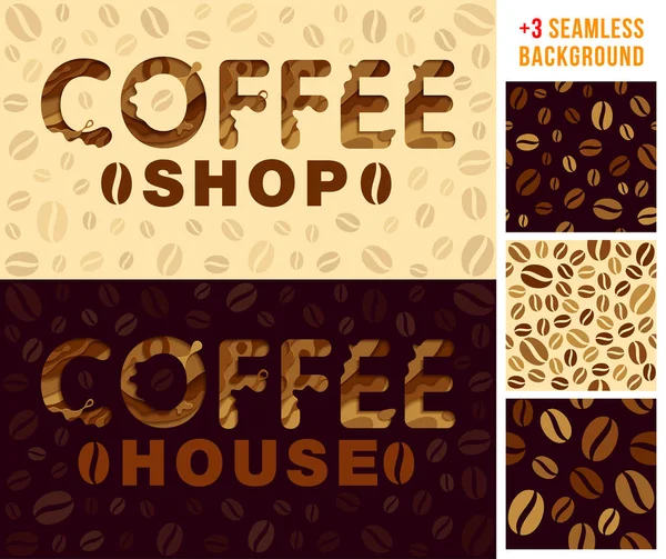 Modèle de conception de café et + 3 fond de café sans couture. Vecteur — Image vectorielle