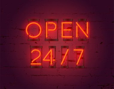 Neon açık 24/7 tabelada tuğla arka plan duvar. Gerçekçi parlak neon Yazıtı. 24 Saat Açık. Vektör