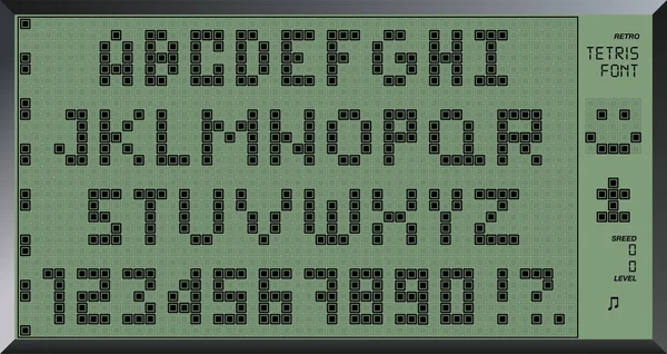 Retro-Tetris-Schrift. 8 Bit Buchstaben und Zahlen. altes Pixel-Spieldesign. Tetris machte Alphabet abc. Vektorillustration. — Stockvektor
