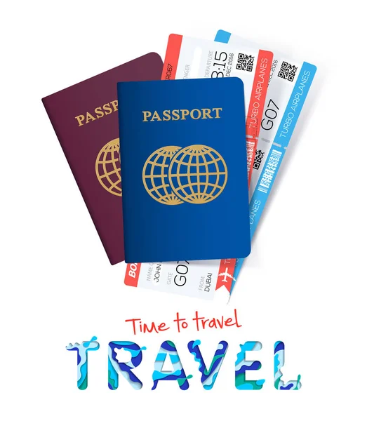 İki pasaport ve bilet. Zaman kavramı seyahat için. Uluslararası pasaport. Seyahat ve turizm için belgeler. Vektör — Stok Vektör