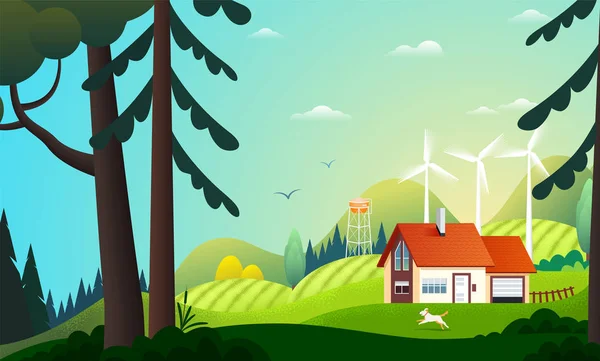 Vista panorámica de la casa de campo en el bosque de verano con turbinas eólicas. Granja en el campo. Energía verde y eco amigable cabaña entre los árboles. Ilustración vectorial del paisaje en verano . — Vector de stock