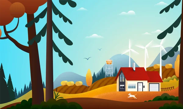 Vista panorámica de la casa de campo en el bosque de otoño con turbinas eólicas. Granja en el campo. Energía verde y eco amigable cabaña entre los árboles. Ilustración vectorial del paisaje en otoño . — Vector de stock