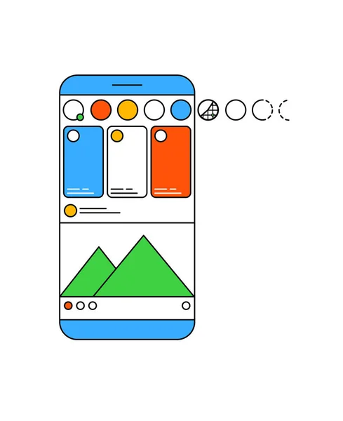 現代的なアウトラインスタイルでカルーセルポスト。ソーシャルネットワーク、ランディングページのデザインやアプリケーションのためのカルーセルインターフェイスの記事、物語やプロットを持つスマートフォン。白を基調としたデザインコンセプト. — ストックベクタ