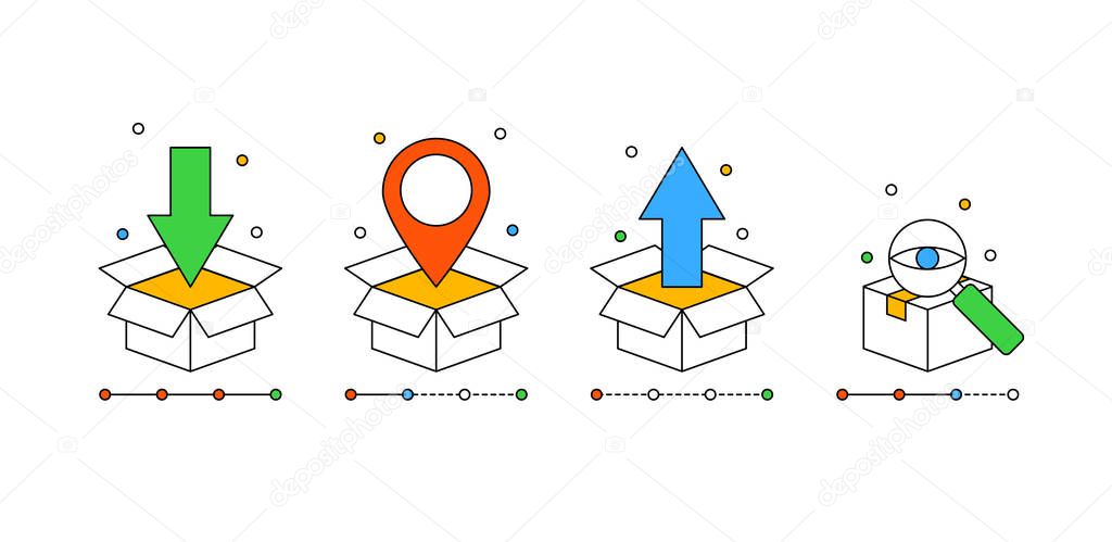 Set of box icons for order tracking concept in modern outline style for online delivery service, landing page design or application. Vector concept on a white background