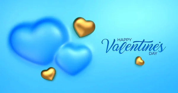 Buon San Valentino. Impressionante sfondo convesso con realistici cuori d'oro 3d. Incredibile bandiera blu orizzontale di design con cuori di cioccolato in lamina d'oro. Illustrazione vettoriale — Vettoriale Stock