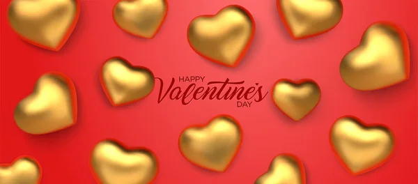 Happy Valentines Day. Awesome red background with realistic 3d glossy golden hearts. Amazing design horizontal red banner with glitter chocolate hearts in gold foil. Vector illustration — 스톡 벡터