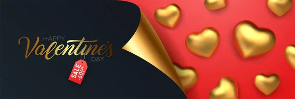 Valentin napi eladás, kedvezményes banner reális arany szívvel. Vektorillusztráció. — Stock Vector