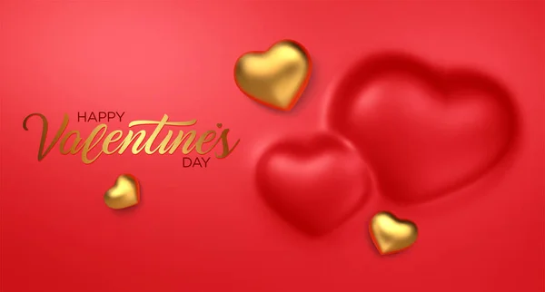 Šťastného Valentýna. Úžasné konvexní pozadí s realistickými 3d zlatých srdcí. Úžasný design horizontální červený prapor s čokoládovými srdíčky ve zlaté fólii. Vektorová ilustrace — Stockový vektor