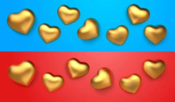 青と赤の反射で赤と青の背景に隔離された驚くべき現実的な黄金の心のセット。バレンタインデーや結婚式のデザイングリーティングカードのための3Dベクトルテンプレート。ベクターイラスト — ストックベクタ