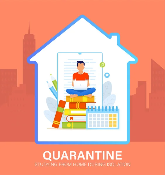 Self isolation concept. Young man studying from home during Covid-19. All stay at home. Self-isolate from a pandemic. Remote studying from home during Quarantine. Vector flat illustration