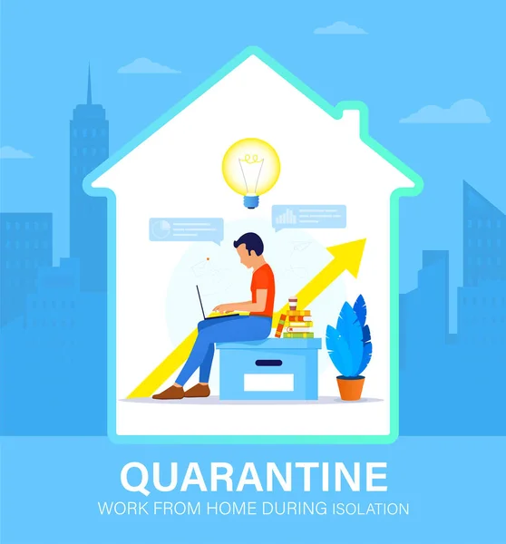 Self isolation concept. Young man working from home during Covid-19. All stay at home. Self-isolate from a pandemic. Remote work from home during Quarantine. Vector flat illustration