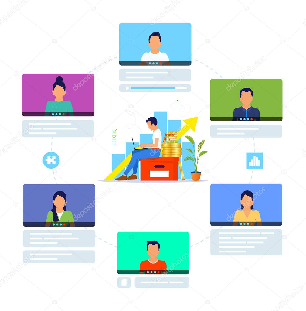 Organization of a workflow or training over the Internet. Young man working from home during Covid-19. Online business training. Working managed remotely by a leader. Remote work from home.