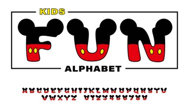 Tatlı çocuklar alfabede ve kulakları fare gibi. Ayrı İngilizce harfler ve numaralar. Vektör illüstrasyonu 