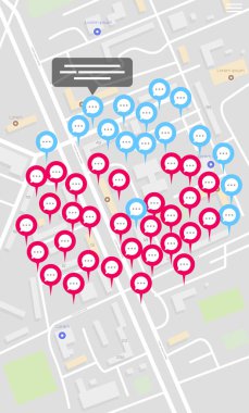 Haritadaki sanal buluşma kavramı. Uygulama vasıtasıyla haritadaki yorumlar veya konuşmalar. Bir harita üzerinde İnternet üzerindeki protesto ya da küresel grev. Vektör illüstrasyonu