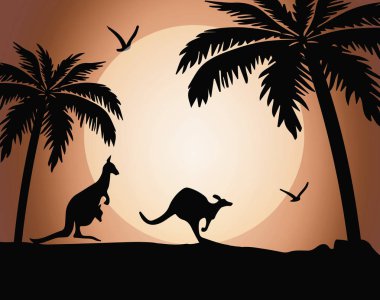 Kangaroo silhouette on sunset clipart