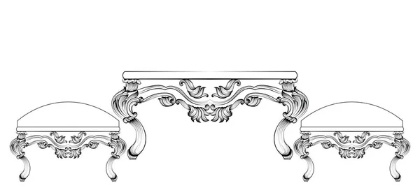 Mesa de mobiliário de estilo barroco de luxo e cadeiras coleção set. Estofos com ornamentos ricos e luxuosos. Decoração esculpida em francês. Vetor vitoriano requintado —  Vetores de Stock