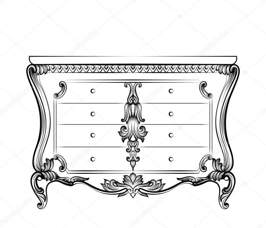 Exquisite Fabulous Imperial Baroque chest table with drawers. Vector French Luxury rich intricate ornamented structure. Victorian Royal Style decor