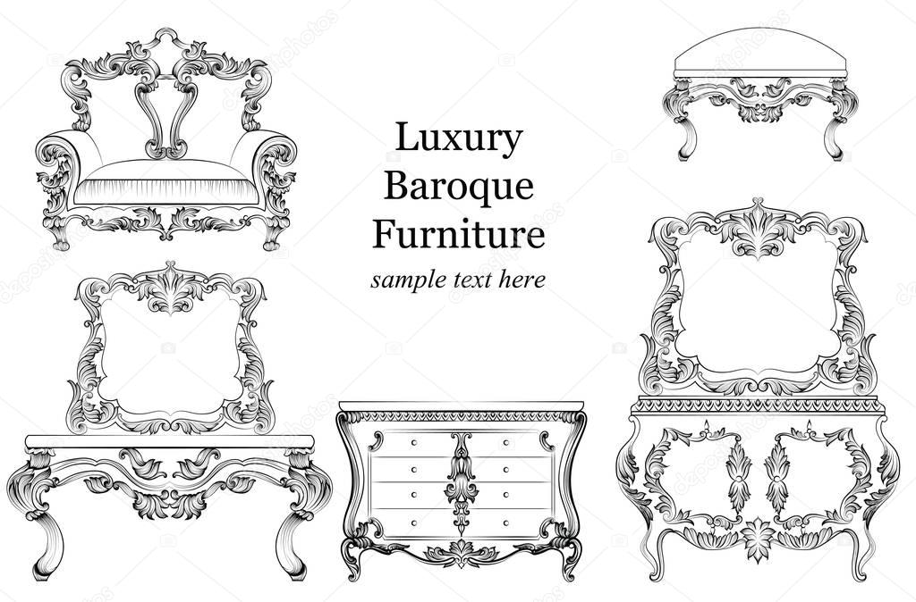 Baroque luxury style furniture set collection. Upholstery with luxurious rich ornaments. French carved decoration. Vector Victorian exquisite