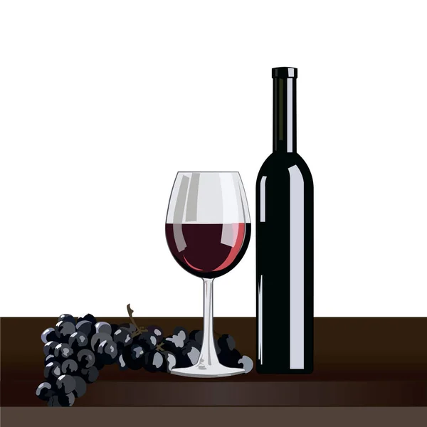 Botella y copa de vino tinto con uvas — Vector de stock