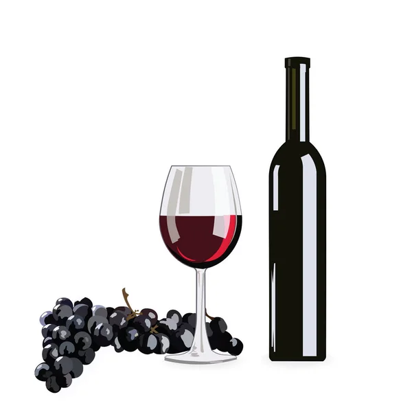 Botella y copa de vino tinto con uvas — Archivo Imágenes Vectoriales