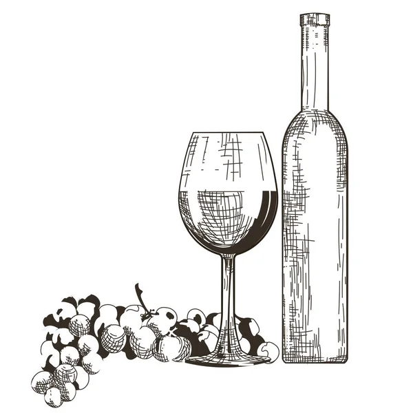 Şişe ve bardak kırmızı şarap izole üzüm ile — Stok Vektör