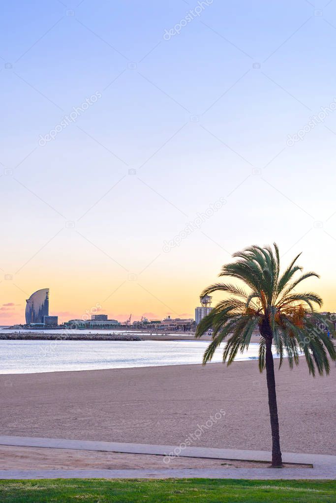 Barcelona Beach at sunset Platja Nova Icaria or Barceloneta view