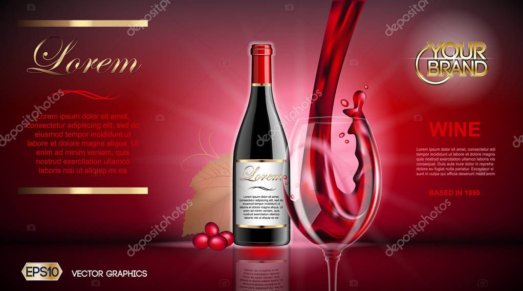 Vector Realistic Wine Glass and Bottle Mock up. Red vine grapes. Natural vibrant detailed background with place for your branding. 3d illustration for future design or Advertise of your product