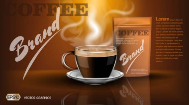 Gerçekçi sıcak kahve fincanı ve paket Mockup şablonu için marka, reklam ürün tasarımları. Bir kupa gölgeler yansımaları ile taze dumanı tüten içki