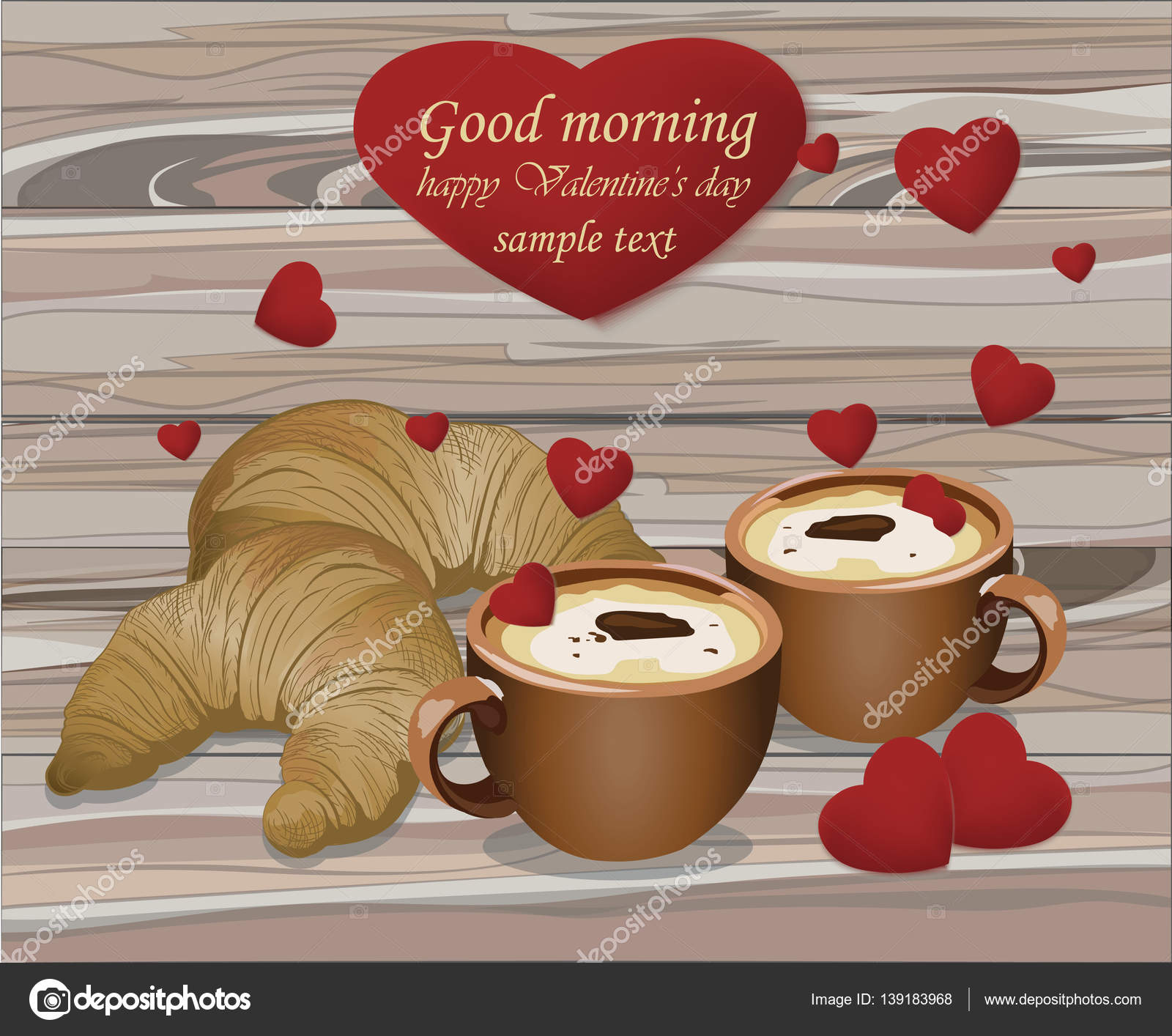 Two Coffee Cups And Croisants On Wood Background Romantic Two Coffee Cups And Croisants On Wood Background Romantic