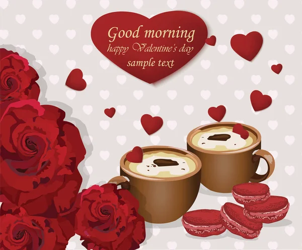 Dva šálky na kávu a červené sametové makronky na pozadí srdce. Romantické růže milují. Valentýna karty — Stockový vektor