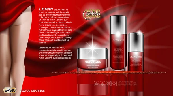 Skin care beauty Body Cream and Lotion. Moisturizing cosmetic ads template. Mockup 3D Realistic Woman silhouette illustration. Red flame colors