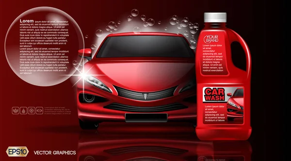 Lavado de coches de alta calidad Producto packadge mock up ads. Botella de jabón de lavado de autos. Plantilla de vehículo realista 3d Vector . — Archivo Imágenes Vectoriales