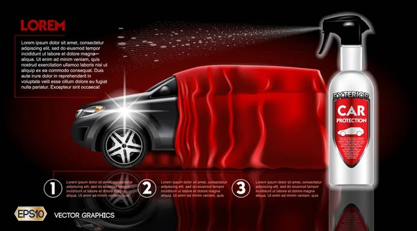 Protección del coche de alta calidad Spray packadge mock up ads. Botella de jabón de lavado de autos. Plantilla de vehículo realista 3d Vector . — Archivo Imágenes Vectoriales