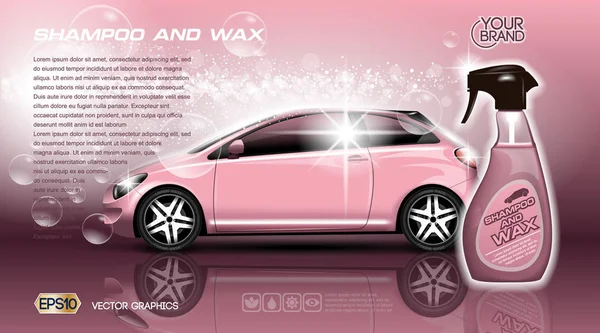 Yüksek kaliteli araba şampuanı ve Wax sprey packadge reklamları alay et. Cennet sabun şişe. 3D vektör gerçekçi araç şablonu. Pembe renkler