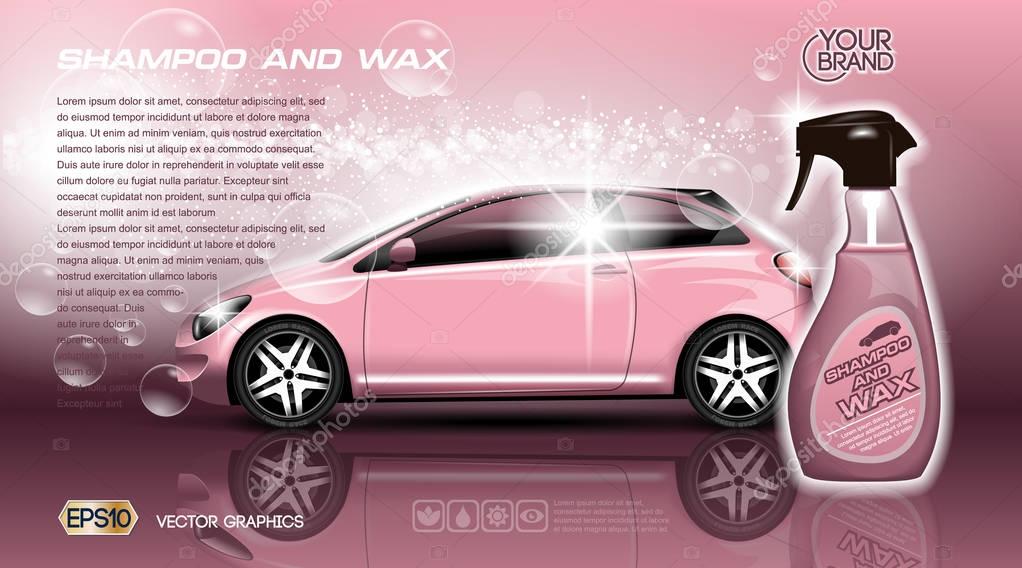 High quality Car Shampoo and Wax Spray packadge mock up ads. Bottle of carwash soap. 3d Vector realistic vehicle template. Pink colors