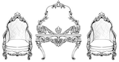 Zengin Barok Rokoko koltuk ve tuvalet Masası ayarlayın. Fransız lüks süsler mobilya oyma. Vektör Victorian stilde dekore edilmiş Ahşap yapı