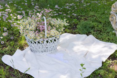 Vintage çerçeve ve çiçek beyaz sepet içinde