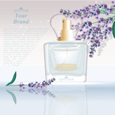 Lavanta parfüm şişe kozmetik reklamları şablon, damlacık izole üzerinde göz kamaştırıcı arka plan dalga geçiyorsunuz. Marka metni için bir yer. Çekici koku köpüklü etkileri. Vektör çizim
